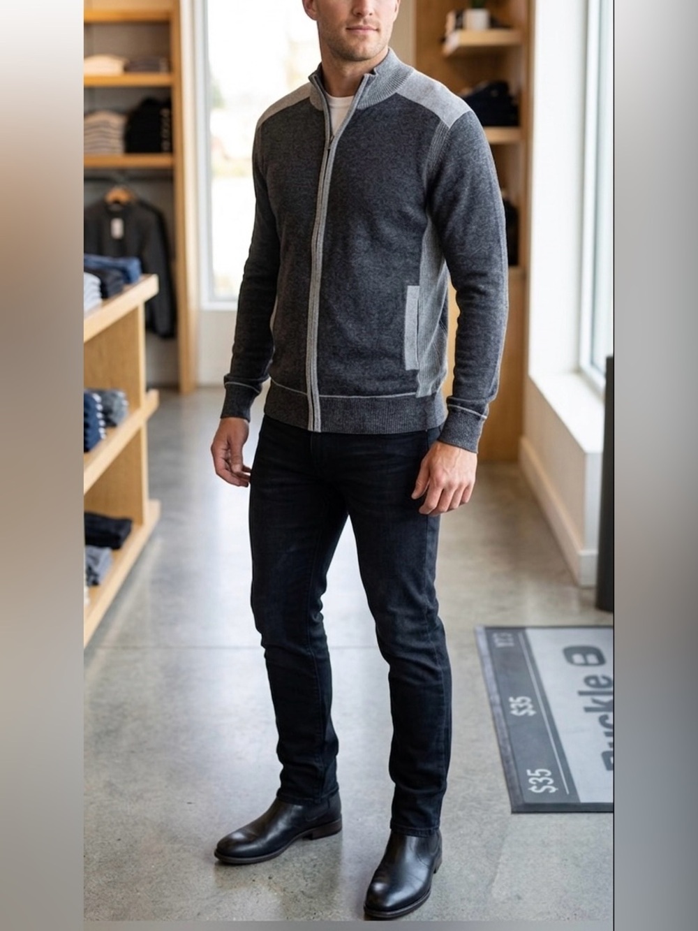 Buckle Black Full Zip 100% Cotton Sweater Mens L Athletic Fit Gray Grunge Rock